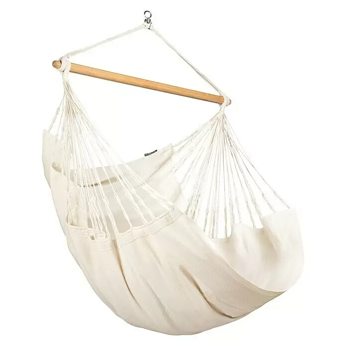 La Siesta Hängesessel Habana Comfort - L x B x H: 180 x 115 x 160 cm, Latte - Cremefarbener Stoff-Hängesessel mit Holzspreizstange und Seilaufhängung.