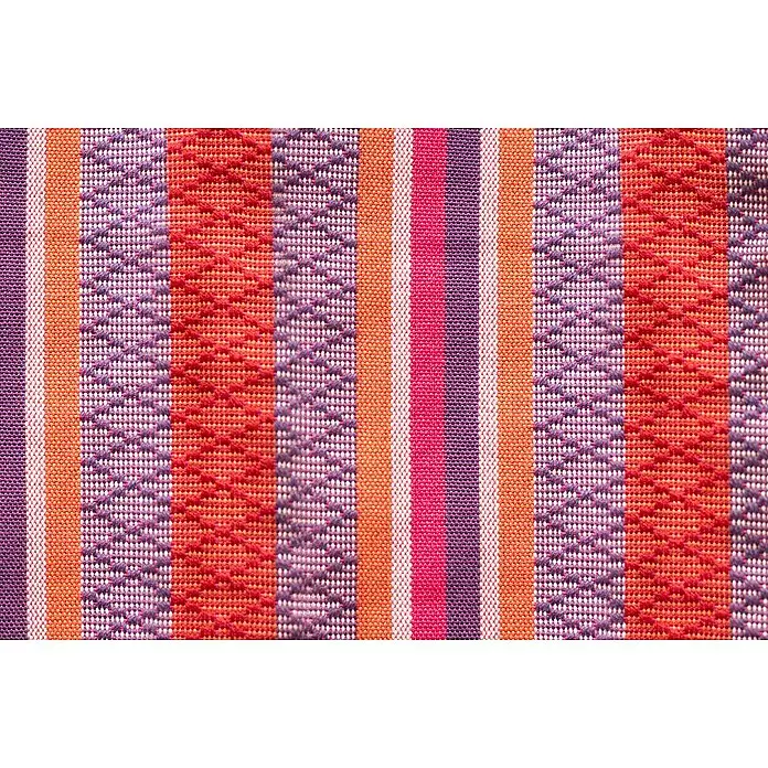 La Siesta Hängesessel Habana Kingsize - L x B x H: 210 x 130 x 170 cm, Flamingo - Nahaufnahme eines bunten Streifenstoffs mit orangefarbenen, roten, violetten und rosa Streifen, teilweise mit strukturiertem Zickzackmuster.