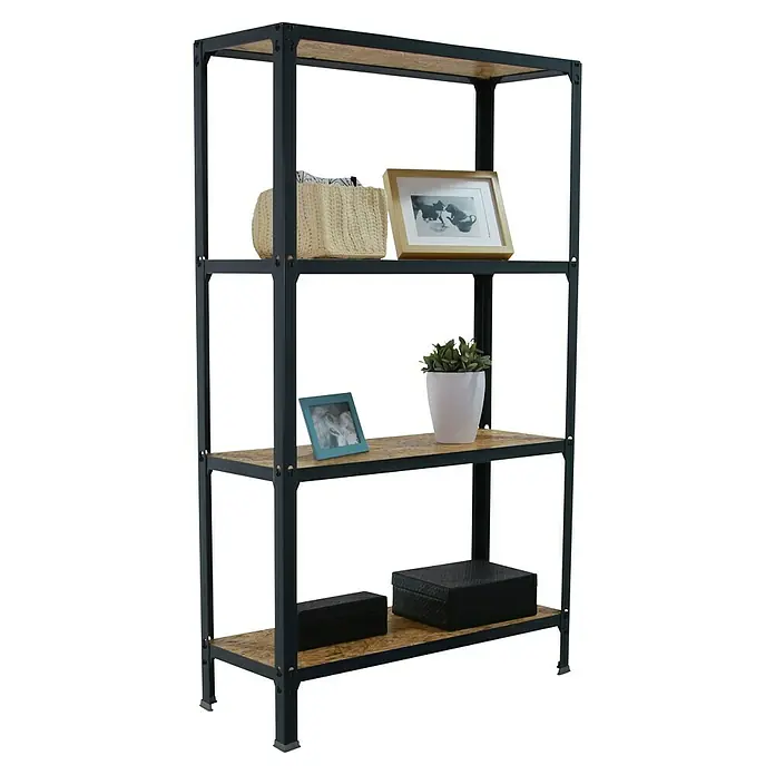 Simonrack Simonhome Metallregal Click Wood Mini - H x B x T: 160 x 80 x 30 cm, Traglast pro Boden: 150 kg, Anzahl Böden: 4 Stk., Stecken, Anthrazit/Braun - Ein modernes Regal mit vier Ebenen und dekorativen Gegenständen, ideal für die stilvolle Aufbewahrung von Büchern und Dekoartikeln.