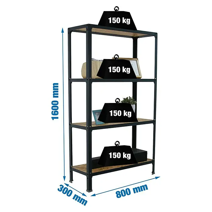 Simonrack Simonhome Metallregal Click Wood Mini - H x B x T: 160 x 80 x 30 cm, Traglast pro Boden: 150 kg, Anzahl Böden: 4 Stk., Stecken, Anthrazit/Braun - Dieses Bild zeigt ein stabiles, schwarzes Regal mit Holzplatten, das jeweils mit 150 kg belastet ist. Die Maße sind angegeben.