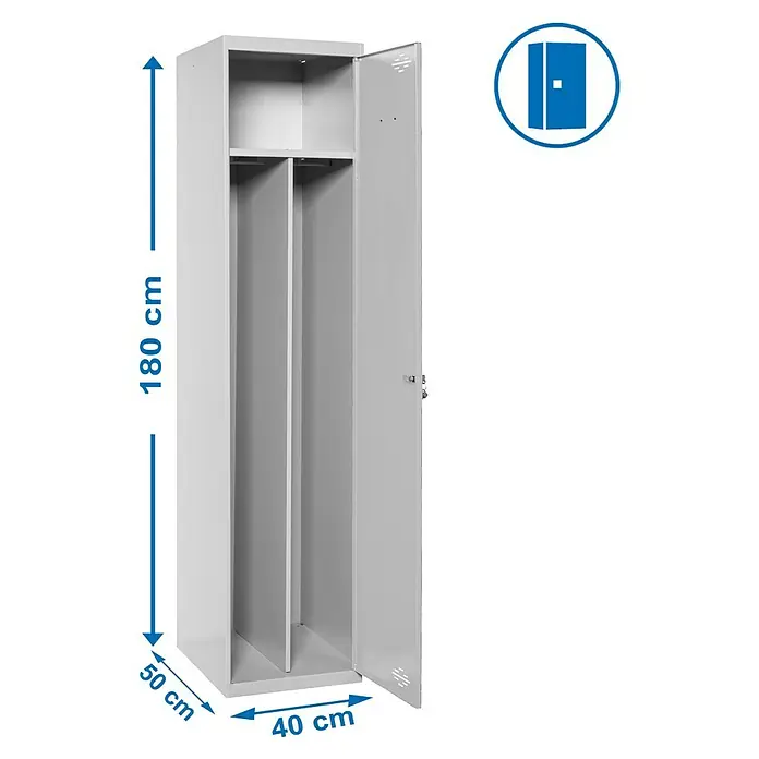 Simonrack Simonlocker Taquilla Prof. Single-Divider - L x An x Al: 50 x 40 x 180 cm, Número de puertas: 1 ud., Gris/Gris - Imagen de un armario metálico gris que mide 180 cm de alto, 50 cm de profundidad y 40 cm de ancho, con una puerta abierta.