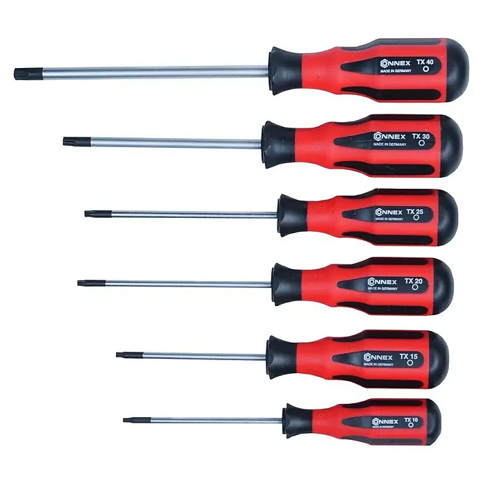 Connex Set de destornilladores COX312996 - 6 pzs., Acero - Juego de destornilladores Torx de Onnex, tamaños TX 10 a TX 40, fabricados en Alemania, con mangos rojos y negros.
