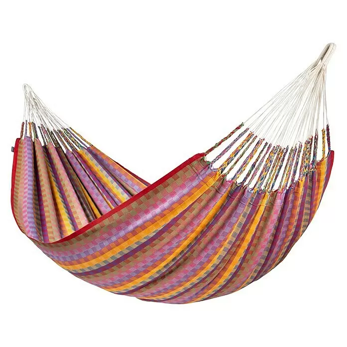 La Siesta Doppelhängematte Flora - L x B: 400 x 180 cm, Flowers, Ausführungseigenschaft: Kingsize - Bunte, gestreifte Hängematte aus Webstoff mit weißen Seilen zum Aufhängen.
