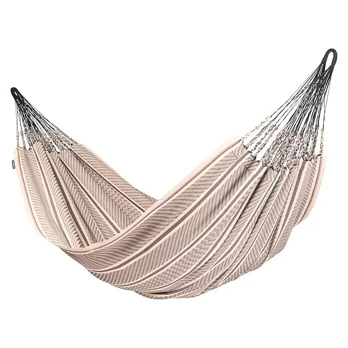 La Siesta Doppelhängematte Flora - L x B: 400 x 180 cm, Zebra, Ausführungseigenschaft: Kingsize - Gestreifte Hängematte aus Stoff in Beige und Grau mit schwarzen Aufhängeseilen.