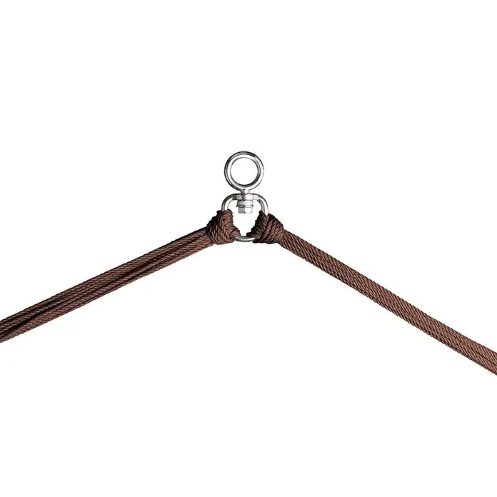 La Siesta Hängesessel Habana Kingsize - L x B x H: 210 x 130 x 170 cm, Nougat - Detailaufnahme eines Hängesessels mit braunen Seilen, die an einem metallenen Drehwirbel befestigt sind. Ideal zum Entspannen im Garten.