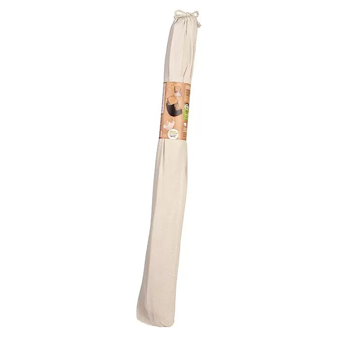 La Siesta Hängesessel Habana Kingsize - L x B x H: 210 x 130 x 170 cm, Latte - Beiger Hängesessel aus Bio-Baumwolle, gerollt in einem Naturstoffbeutel mit Produktetikett.