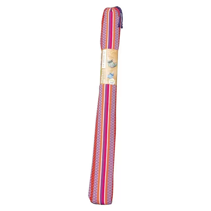 La Siesta Hängesessel Habana Kingsize - L x B x H: 210 x 130 x 170 cm, Flamingo - Gerollter farbiger Hängesessel mit orangefarbenen, rosa, lila, weißen Streifen und La Siesta Etikett.