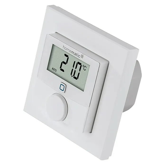 Homematic IP Funk-Raumthermostat HmIP-BWTH - Netzbetrieben, 230 V, 54 x 86 x 86 mm, Weiß - Homematic IP Wandthermostat mit großem Display zur Temperaturregelung. Zeigt 21.0 °C im Automatikmodus an.