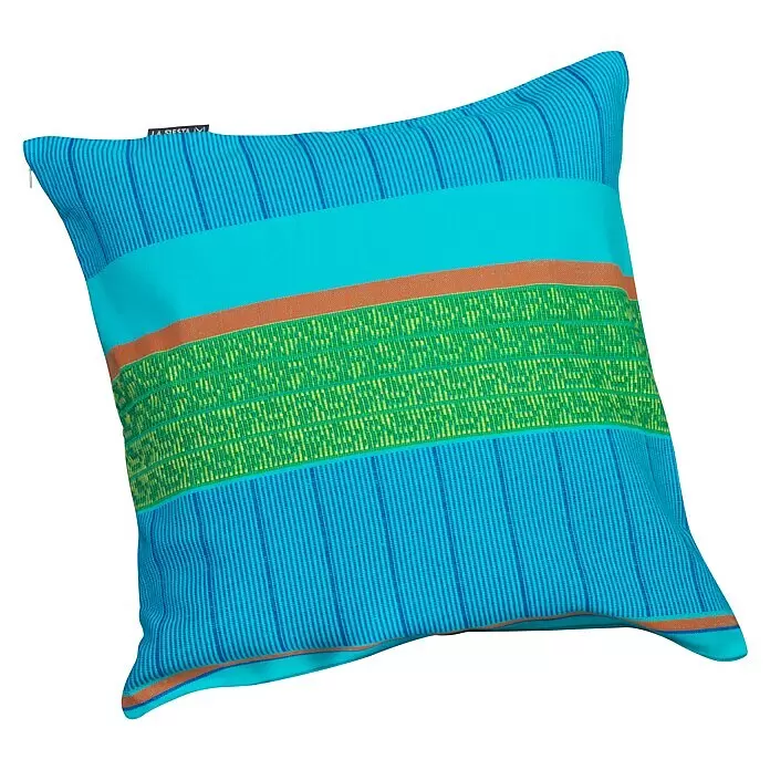 La Siesta Kissenhülle Cariño - Curaçao, L x B: 50 x 50 cm, Baumwolle - Blau-türkis gestreiftes Kissen mit orangen und grünen gemusterten Mittelbändern.