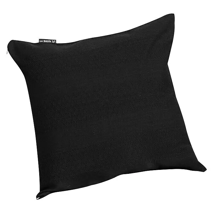 La Siesta Kissenhülle Cariño - Onyx, L x B: 50 x 50 cm, Baumwolle - Schwarzes Stoffkissen mit sichtbarem 'LA SIESTA'-Etikett.
