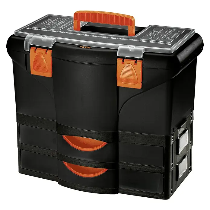 Lockweiler Werkzeugkasten Tool Box TBD 402 - Polypropylen, Anzahl Schubladen: 2 Stk. - Schwarzer Werkzeugkoffer mit orangefarbenen Akzenten, ideal zur Aufbewahrung und Organisation von Werkzeugen.
