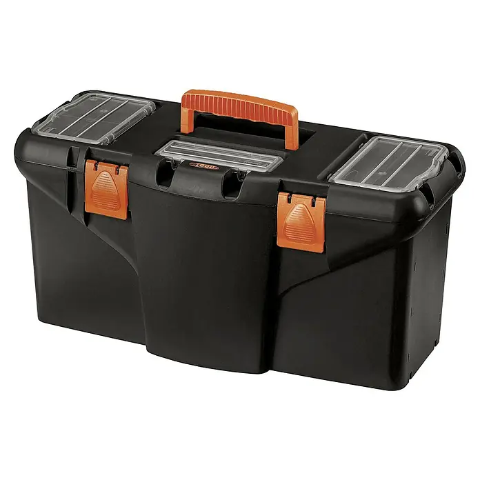 Lockweiler Werkzeugkasten Tool Box 222 - Höhe: 26 cm, 22″ - Werkzeugkasten aus robustem Kunststoff mit orangefarbenem Griff und Verschlüssen, ideal für die Aufbewahrung von Werkzeugen.