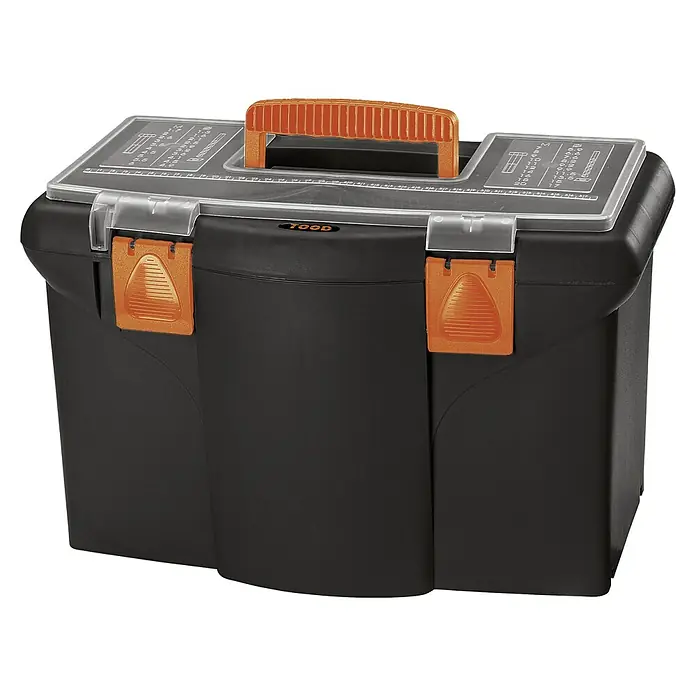 Lockweiler Werkzeugkasten Tool Box 18B - 18″, Höhe: 29 cm - Eine schwarze Werkzeugkiste mit transparentem Deckel und orangefarbenen Akzenten für die Aufbewahrung von Werkzeugen und Zubehör.