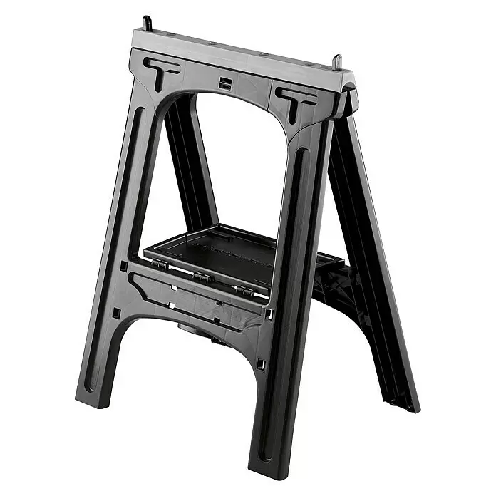 Lockweiler Unterstellbock SH 030S - Belastbarkeit: 300 kg, 2 Stk. - Dunkelgrauer und schwarzer Kunststoff-Sägebock mit einer klappbaren Ablage für Werkzeug.