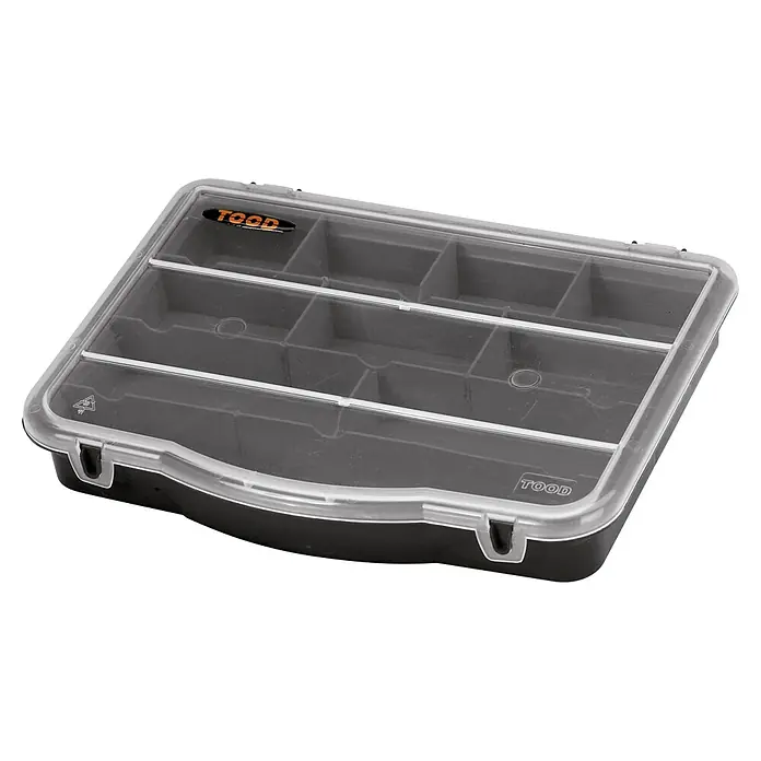 Lockweiler Kleinteilekoffer TO 708 - Anzahl Fächer: 10 Stk., L x B x H: 18 x 24 x 4 cm - Ein schwarzer Organizer-Kasten mit transparentem Deckel und mehreren Fächern, ideal für die Aufbewahrung von Kleinteilen.