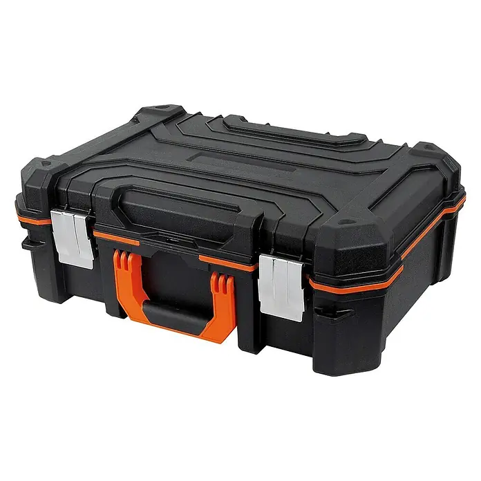 Lockweiler Werkzeugkoffer Tool Box DC 202 - L x B x H: 39 x 49 x 19 cm, Polypropylen, Ohne Werkzeug - Werkzeugkoffer mit schwarzer Oberfläche, orangefarbenen Akzenten und silberfarbenen Verschlüssen, ideal für die Aufbewahrung von Werkzeugen.
