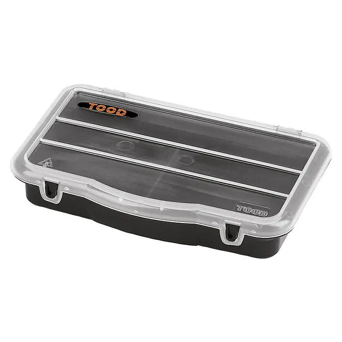 Lockweiler Kleinteilekoffer TO 706 - Anzahl Fächer: 3 Stk., L x B x H: 12 x 18 x 3 cm - Tood Werkzeugkasten: Schwarzer Werkzeugkasten mit transparentem Deckel und Trennwänden, ideal für die Aufbewahrung von Kleinteilen.