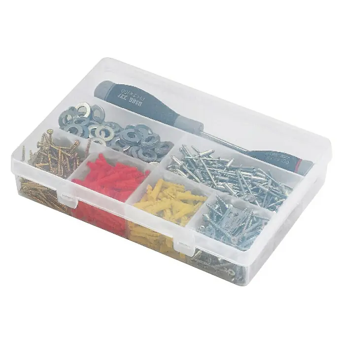 Kleinteilekoffer TO 727 - Anzahl Fächer: 7 Stk., 18 x 27 x 5 cm - Sortimentskasten mit Schrauben, Dübeln, Unterlegscheiben und einem Schraubendreher. Ideal für Heimwerker und Profis zur Organisation von Kleinteilen.