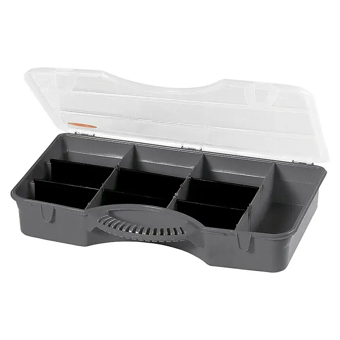 Lockweiler Kleinteilekoffer TO 710 - Anzahl Fächer: 10 Stk., L x B x H: 24 x 36 x 7 cm - Die graue Werkzeugkiste mit transparentem Deckel bietet viele Fächer für die übersichtliche Aufbewahrung von Kleinteilen. Ideal für Werkstatt oder Hobby.