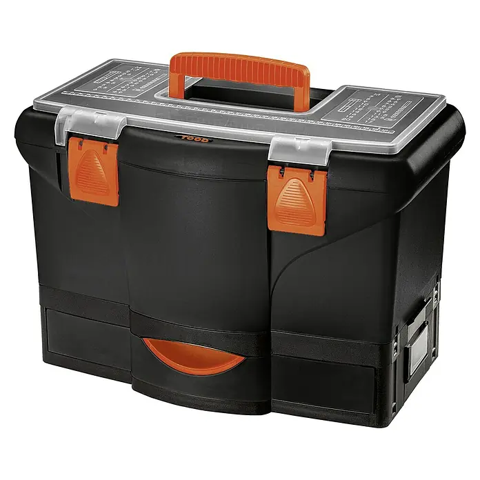 Lockweiler Werkzeugkasten Tool Box TBD 401 - Polypropylen, Anzahl Schubladen: 1 Stk. - Schwarzer Werkzeugkasten mit orangefarbenen Akzenten und transparentem Deckel zur Aufbewahrung von Werkzeugen.
