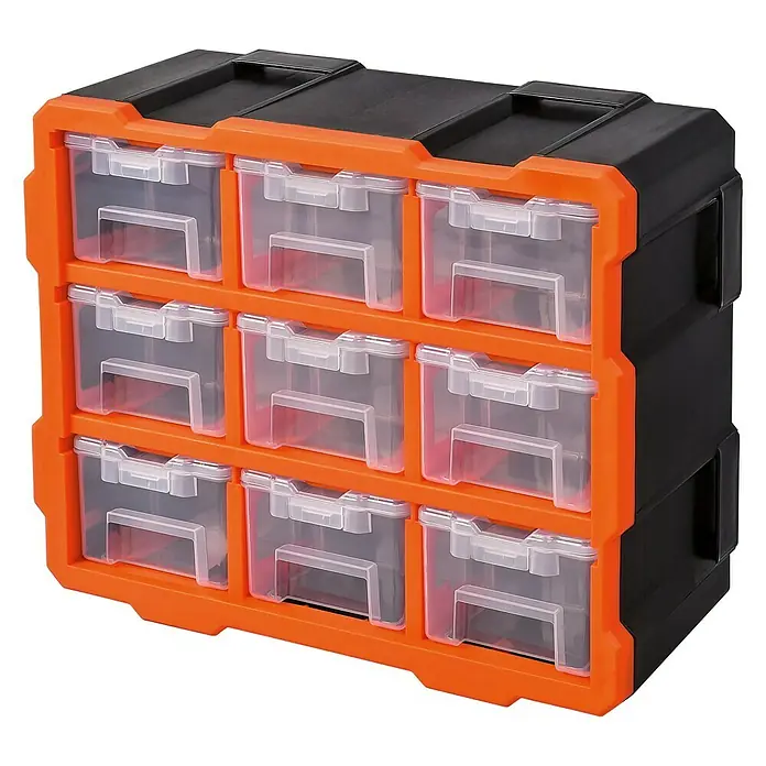 Lockweiler Kleinteilemagazin MR 938 - Anzahl Fächer: 9 Stk. - Schwarzer und orangefarbener Schubladenschrank aus Kunststoff, ideal zur Aufbewahrung von Kleinteilen in Werkstatt oder Garage.