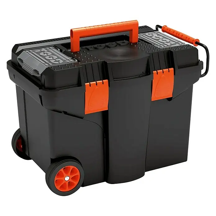 Lockweiler Werkzeugrollkoffer TWR 624S - L x B x H: 38 x 58 x 41 cm, Polypropylen, Ohne Werkzeug - Schwarzer Werkzeugkasten mit orangefarbenen Akzenten und Rädern für einfachen Transport.