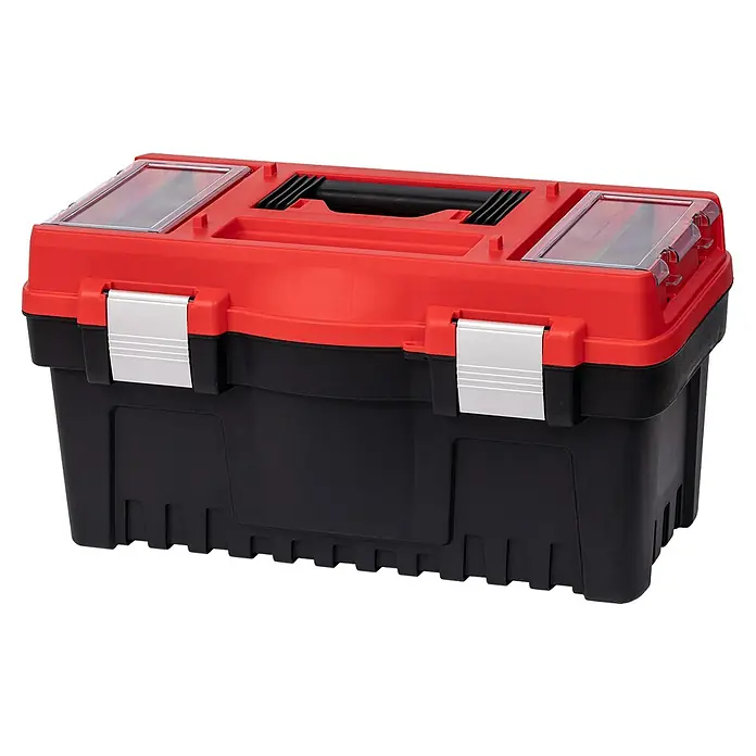 Lockweiler Werkzeugkasten MAGNUS PROFI 18 - Polypropylen, 18″ - Ein robuster, schwarz-roter Werkzeugkasten mit transparenten Deckelfächern und stabilen Metallverschlüssen für sichere Aufbewahrung.