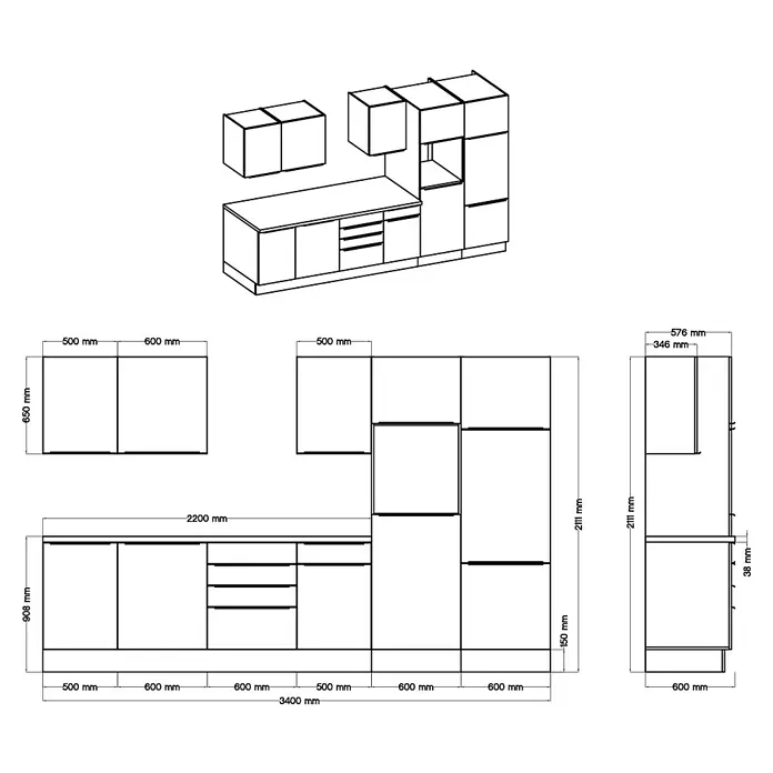 BAUHAUS Küchenzeile Sandra - Breite: 340 cm, Weiß, Farbe Korpus: Artisan Eiche, Mit Elektrogeräten - Abbildung eines Küchenschrankdesigns mit detaillierten Maßangaben für verschiedene Abschnitte und Elemente.