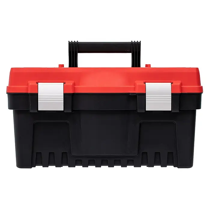 Lockweiler Werkzeugkasten MAGNUS PROFI 18 - Polypropylen, 18″ - Eine robuste, rot-schwarze Werkzeugkiste mit einem stabilen Tragegriff und soliden Verschlussmechanismen für den sicheren Transport von Werkzeugen.