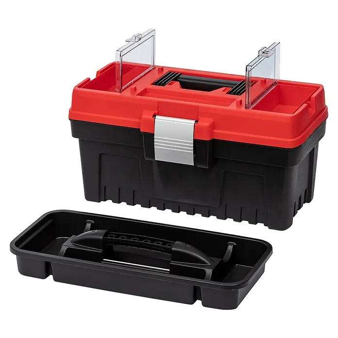 Lockweiler Werkzeugkasten MAGNUS PROFI 16 - Polypropylen, 16″ - Eine rote und schwarze Werkzeugkiste mit einem silbernen Verschluss und einer herausnehmbaren Ablage.
