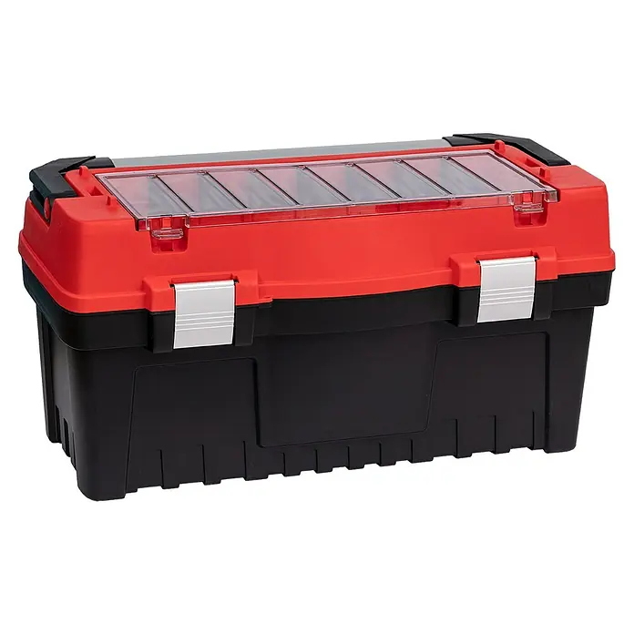 Lockweiler Werkzeugkasten MAGNUS PROFI 25 - Polypropylen, 25″ - Ein rot-schwarzer Werkzeugkasten mit transparentem Deckel, ideal zur Aufbewahrung und Organisation von Werkzeugen und Kleinteilen.