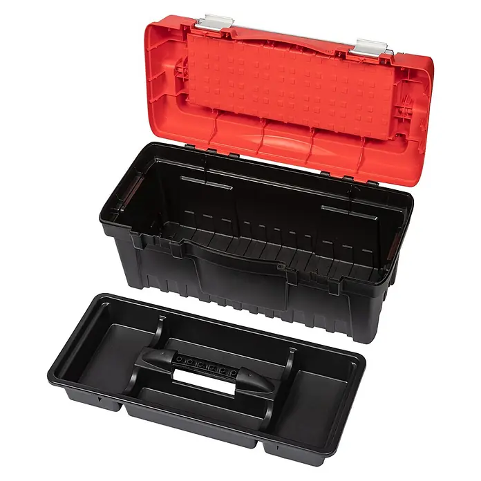 Lockweiler Werkzeugkasten MAGNUS PROFI 25 - Polypropylen, 25″ - Geöffneter Werkzeugkasten mit rotem Deckel und schwarzem Koffer, der eine herausnehmbare Ablage zeigt, ideal für die Werkzeugaufbewahrung.