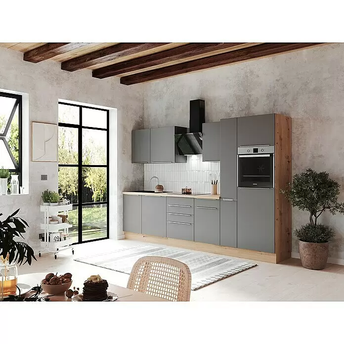 BAUHAUS Küchenzeile Sandra - Breite: 310 cm, Grau, Farbe Korpus: Artisan Eiche, Mit Elektrogeräten - Stimmungsaufnahme