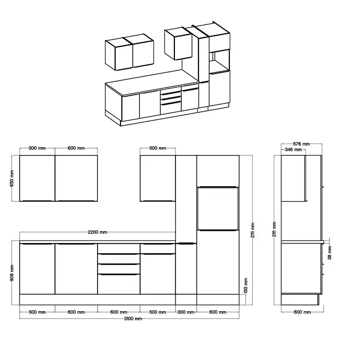 BAUHAUS Küchenzeile Sandra - Breite: 310 cm, Weiß, Farbe Korpus: Artisan Eiche, Mit Elektrogeräten - Ansicht einer Küchenplanung mit verschiedenen Maßen der einzelnen Schränke und Elemente, dargestellt in einer technischen Zeichnung.