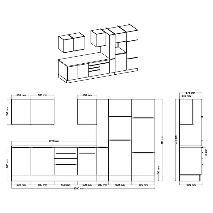BAUHAUS Küchenzeile Sandra - Breite: 370 cm, Weiß, Farbe Korpus: Artisan Eiche, Mit Elektrogeräten - Eine schematische Darstellung einer Küchenzeile mit Maßen, die die Anordnung und Größe der einzelnen Schränke und Elemente zeigt.