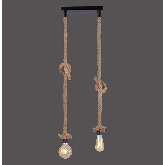 Just Light Rope Lámpara colgante - 60 W, L x An x Al: 3 x 9,5 x 120 cm, Natural, E27, 2 ud. - Dos lámparas colgantes de cuerda con nudos decorativos y bombillas, creando un ambiente rústico.