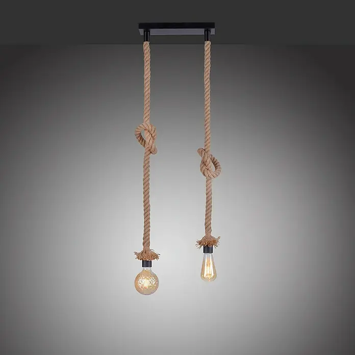 Just Light Rope Lámpara colgante - 60 W, L x An x Al: 3 x 9,5 x 120 cm, Natural, E27, 2 ud. - Una lámpara colgante moderna con dos bombillas suspendidas por cuerdas de un soporte negro.