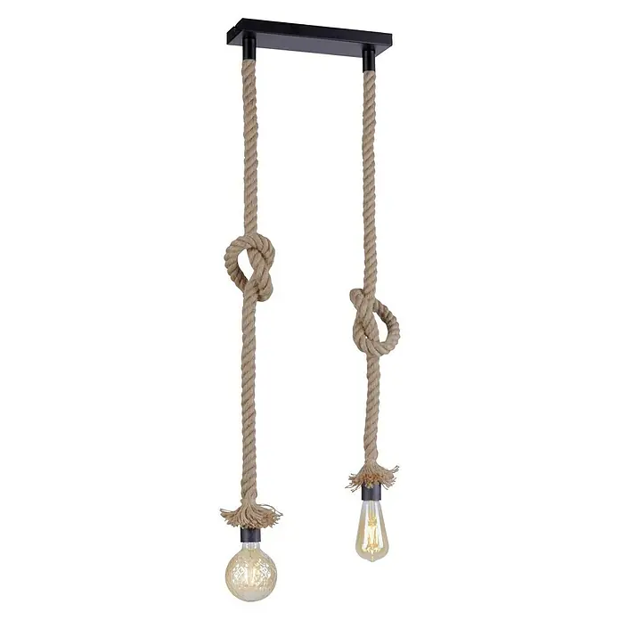 Just Light Rope Lámpara colgante - 60 W, L x An x Al: 3 x 9,5 x 120 cm, Natural, E27, 2 ud. - Lámpara colgante con dos cuerdas, cada una con un nudo, que terminan en una bombilla. La lámpara cuelga de un soporte negro.