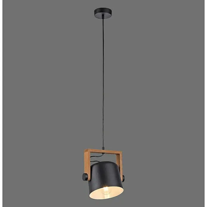 Just Light Cup Lámpara colgante - 60 W, L x An x Al: 24 x 24 x 120 cm, Negro/Madera, E27, 1 ud. - Lámpara colgante moderna con pantalla negra y marco de madera para una iluminación elegante.