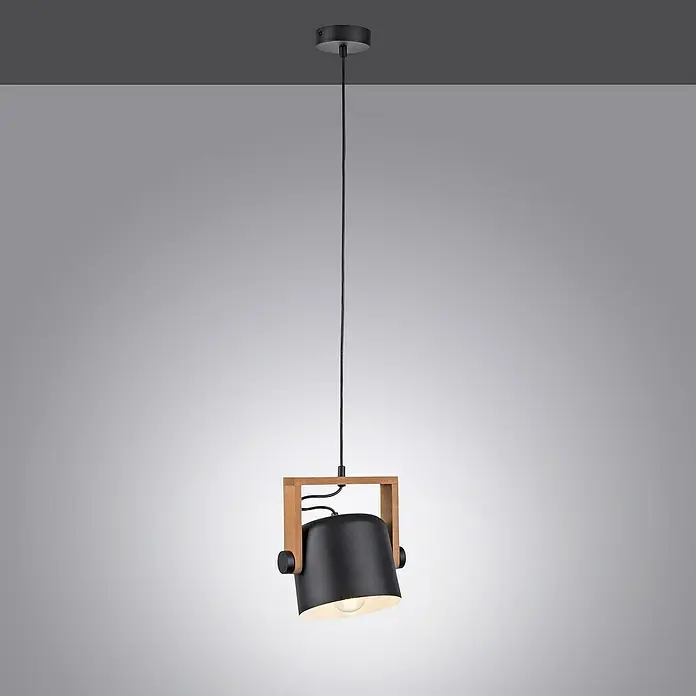 Just Light Cup Lámpara colgante - 60 W, L x An x Al: 24 x 24 x 120 cm, Negro/Madera, E27, 1 ud. - Lámpara colgante moderna con pantalla negra y marco de madera, creando un ambiente elegante. Ideal para salas de estar y comedores.
