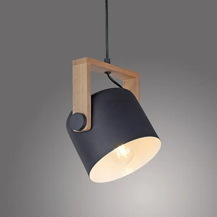 Just Light Cup Lámpara colgante - 60 W, L x An x Al: 24 x 24 x 120 cm, Negro/Madera, E27, 1 ud. - Lámpara colgante con marco de madera y pantalla negra ajustable.