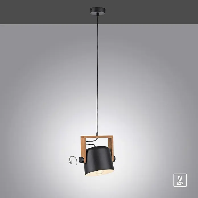 Just Light Cup Lámpara colgante - 60 W, L x An x Al: 24 x 24 x 120 cm, Negro/Madera, E27, 1 ud. - Una lámpara colgante con una pantalla negra en un marco de madera, que ofrece un diseño moderno y elegante para tu hogar.