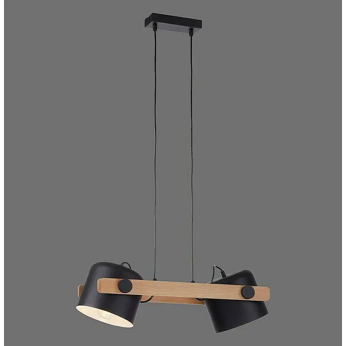 Just Light Cup Lámpara colgante - 120 W, L x An x Al: 23 x 63 x 120 cm, Negro/Madera, E27, 2 ud. - Elegante lámpara colgante con dos pantallas negras y una viga de madera para una solución de iluminación moderna.