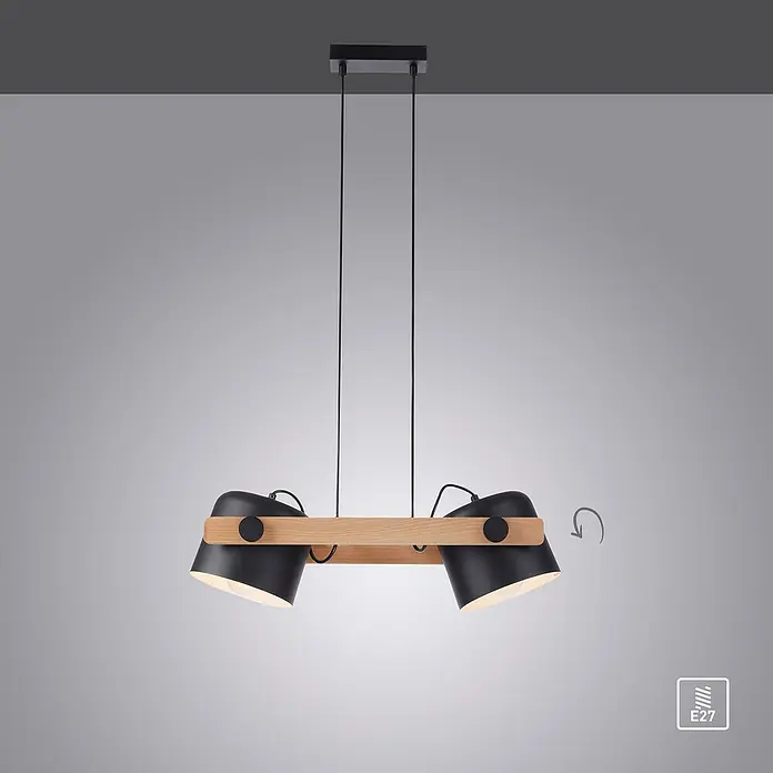 Just Light Cup Lámpara colgante - 120 W, L x An x Al: 23 x 63 x 120 cm, Negro/Madera, E27, 2 ud. - Lámpara colgante negra con dos pantallas de madera, que ofrece un diseño moderno y elegante.
