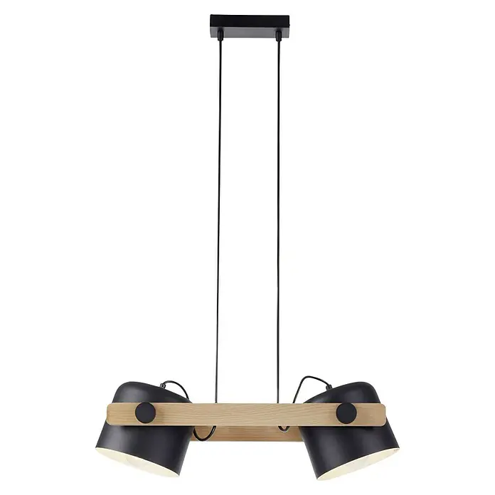 Just Light Cup Lámpara colgante - 120 W, L x An x Al: 23 x 63 x 120 cm, Negro/Madera, E27, 2 ud. - Lámpara colgante moderna con dos pantallas negras y estructura de madera clara, iluminación elegante.