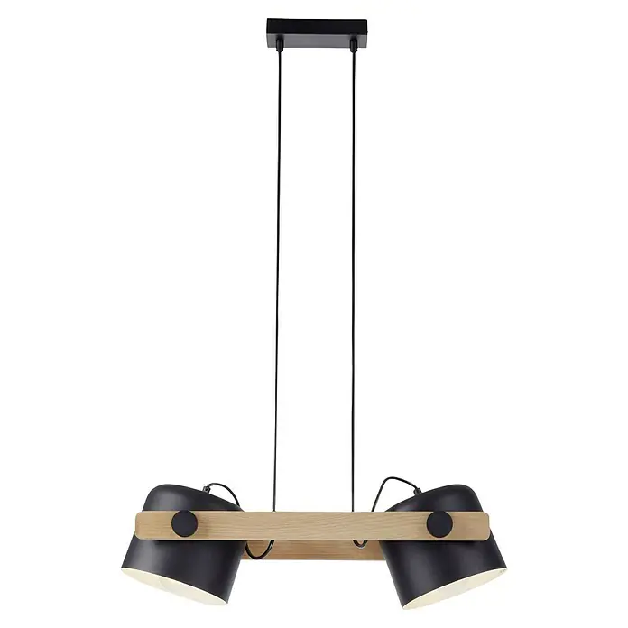 Just Light Cup Lámpara colgante - 120 W, L x An x Al: 23 x 63 x 120 cm, Negro/Madera, E27, 2 ud. - Elegante lámpara colgante con dos pantallas negras y un detalle de madera clara, ideal para espacios modernos.