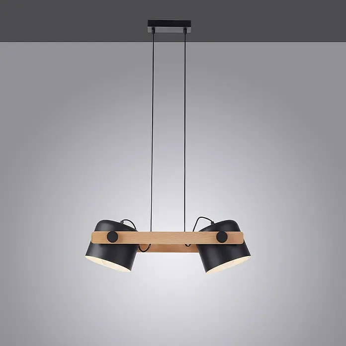 Just Light Cup Lámpara colgante - 120 W, L x An x Al: 23 x 63 x 120 cm, Negro/Madera, E27, 2 ud. - Lámpara colgante moderna con dos pantallas negras y detalle de madera, ideal para comedores o salones.