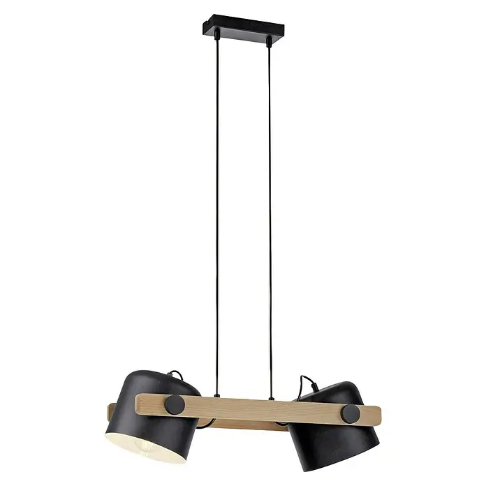Just Light Cup Lámpara colgante - 120 W, L x An x Al: 23 x 63 x 120 cm, Negro/Madera, E27, 2 ud. - Elegante lámpara colgante con detalles de madera y dos pantallas negras, creando un ambiente sofisticado. Perfecta para espacios modernos.