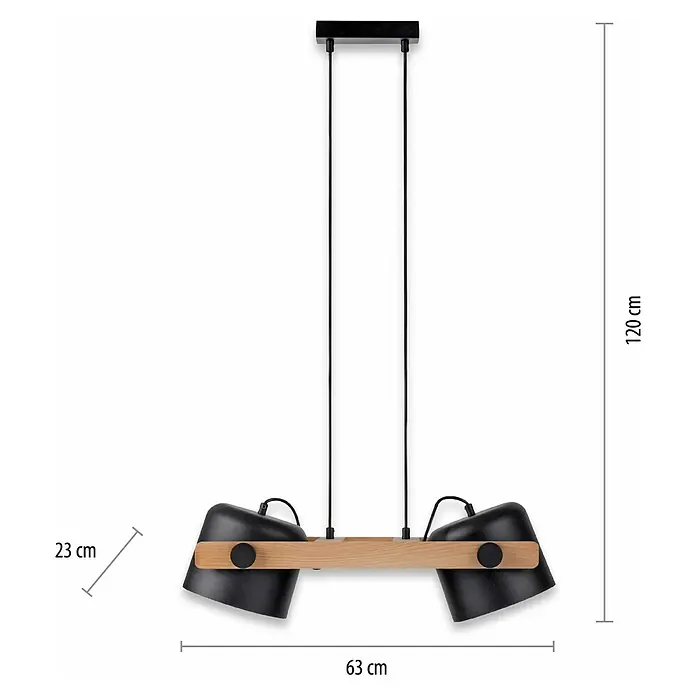 Just Light Cup Lámpara colgante - 120 W, L x An x Al: 23 x 63 x 120 cm, Negro/Madera, E27, 2 ud. - La imagen muestra una lámpara colgante moderna con dos pantallas negras y una viga de madera, con medidas incluidas.