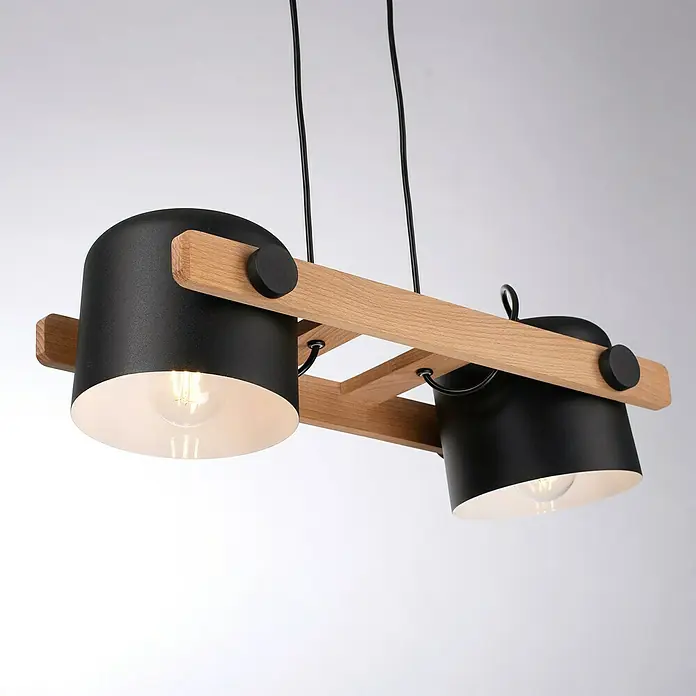 Just Light Cup Lámpara colgante - 120 W, L x An x Al: 23 x 63 x 120 cm, Negro/Madera, E27, 2 ud. - Lámpara colgante moderna con dos pantallas negras y un marco de madera para una iluminación elegante.